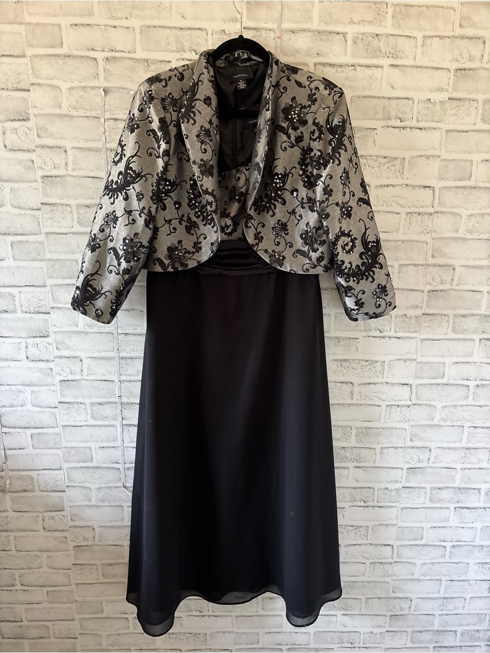 R&M Richards Black and Silver Embroidered Midi Dress with jacket